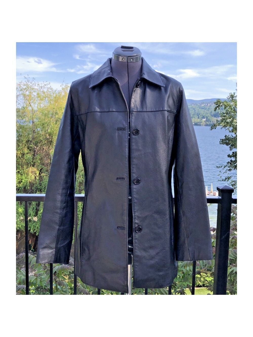 Size 8 Jessica Women’s Leather Jacket Button Up Mid Length Black Classic CN